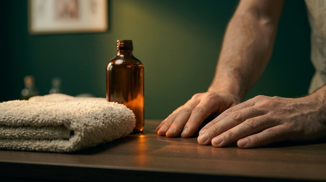 Ruhe nach der Behandlung — Handtuch, Massageöl und Hände in der Praxis Mantovanis