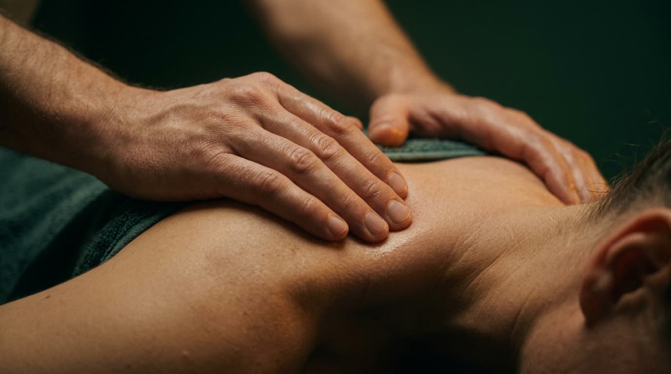 David Mantovanis behandelt mit den Händen Nacken und Schulter — medizinische Massage in Wallisellen